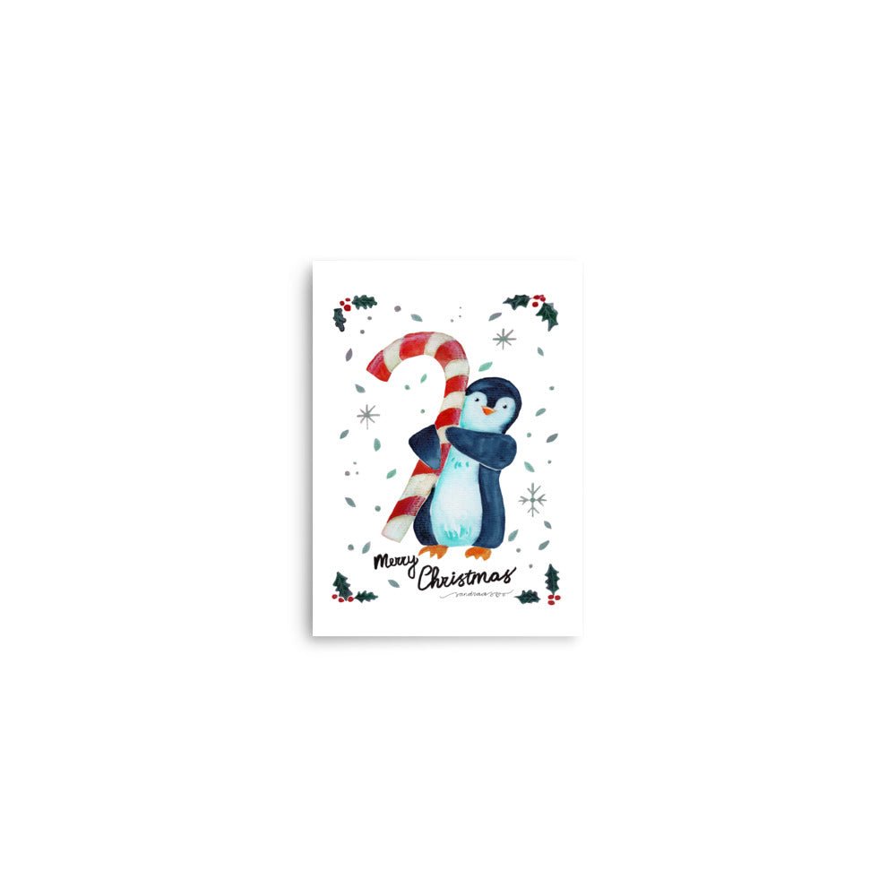 🎄 Candy Cane Penguin Poster – Whimsical Watercolor Penguin Holding a Candy Cane 🐧🍬✨ White Background | Museum - Quality Matte Print - SANDRAAS