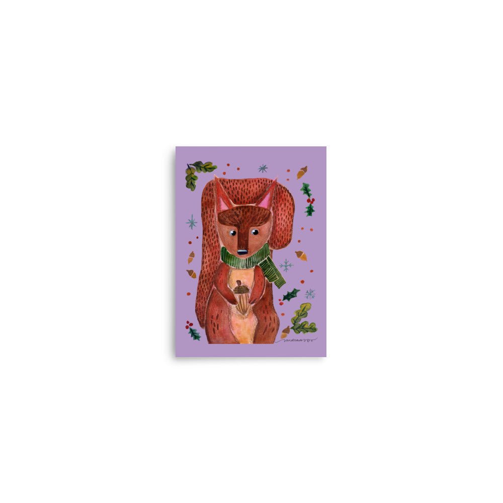 💜 Whimsical Squirrel Poster – Watercolor Squirrel in Green Scarf 🐿️🧣✨ Purple Background | Museum - Quality Matte Print - SANDRAAS