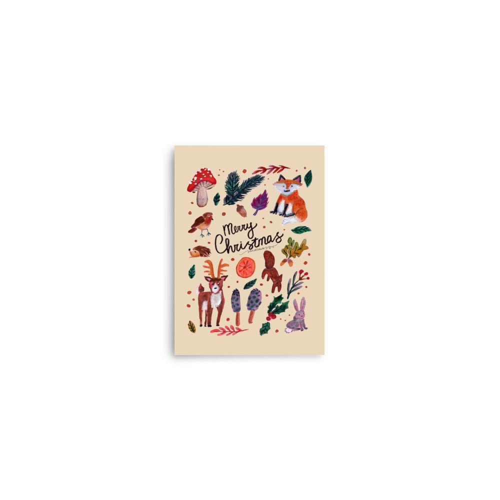 🌲 Whimsical Woodland Poster – Watercolor Forest Animals, Leaves & Mushrooms 🍄🦊✨ Cream Background | Museum - Quality Matte Print - SANDRAAS