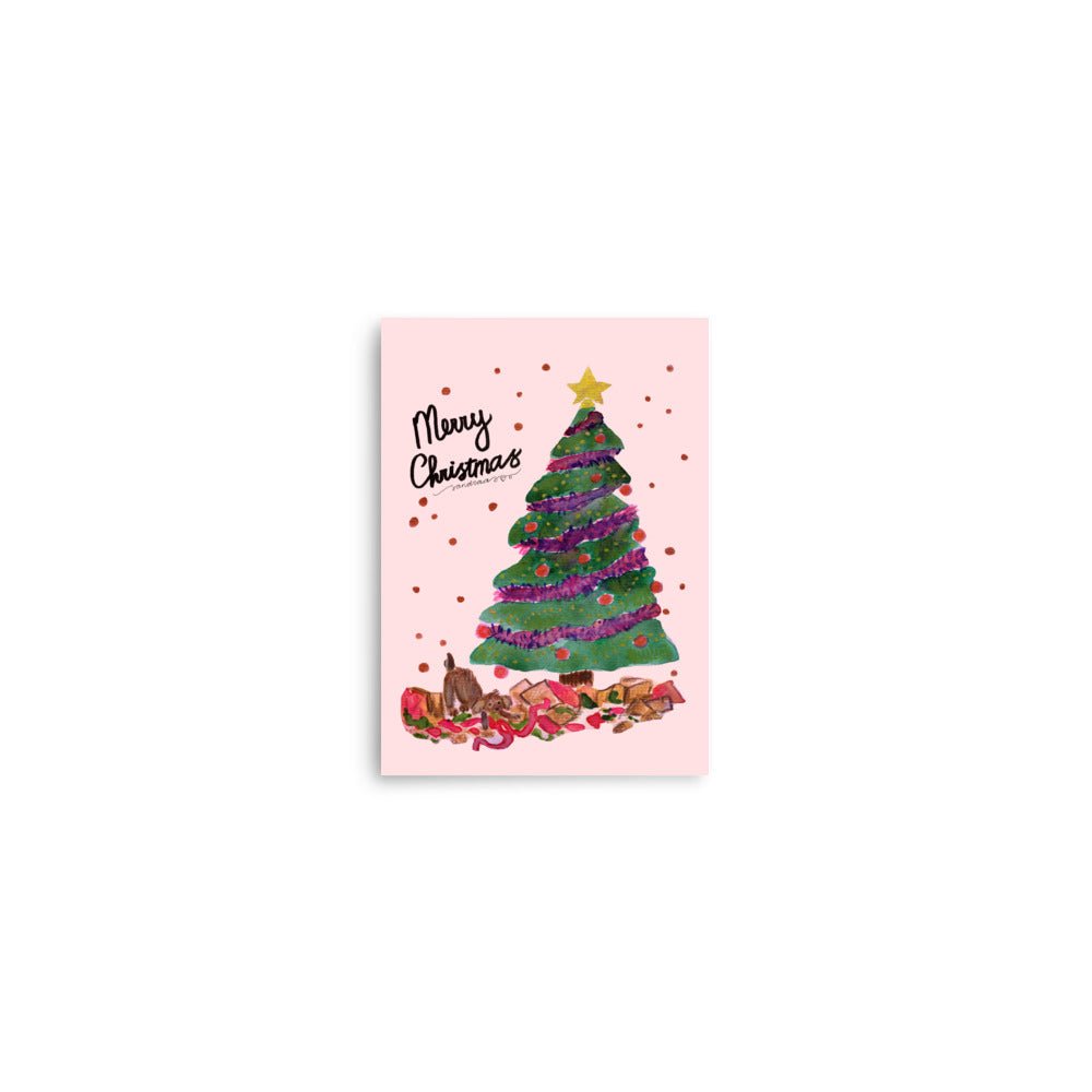 🎄 Naughty Christmas Dog Poster – Whimsical Watercolor Dog Wrecking Presents Under the Tree 🐶🎁💥✨ Pink Background | Museum - Quality Matte Print - SANDRAAS