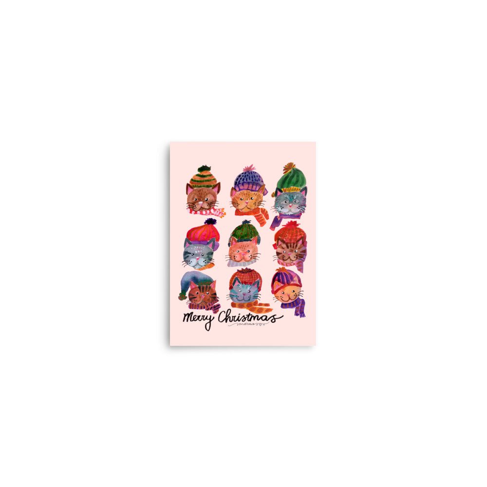 😺 Cozy Cat Heads Poster – Whimsical Watercolor Cats in Woolen Hats & Scarves 🧣✨ Light Pink Background | Museum - Quality Matte Print - SANDRAAS