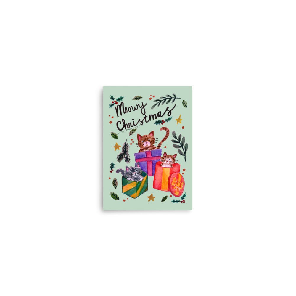 🎄 Christmas Gift Box Cats Poster – Three Whimsical Watercolor Cats Sitting in Festive Presents 😺🎁✨ Light Green Background | Museum - Quality Matte Print - SANDRAAS
