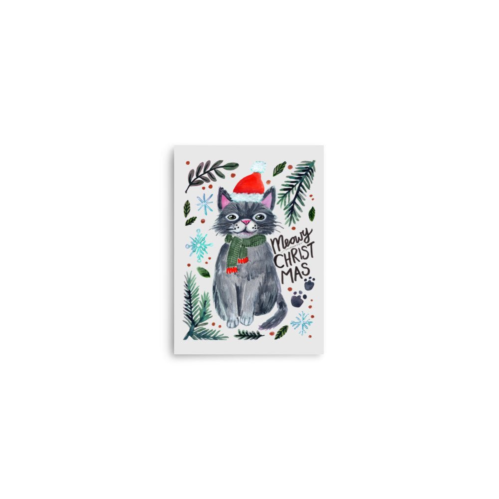 🎄 Meowy Christmas Cat Poster – Whimsical Grey Cat in Santa Hat & Green Scarf 😺🧣✨ Light Grey Background | Museum - Quality Matte Print - SANDRAAS