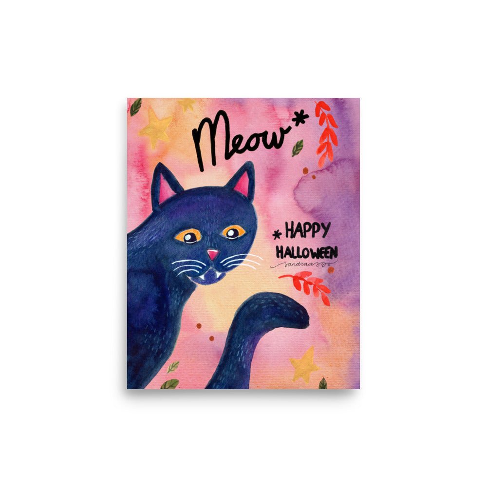 Whimsical Black Cat Halloween Poster 🎃🐾 | Watercolor Illustration + Hand Lettered ‘Meow, Happy Halloween’ - SANDRAAS