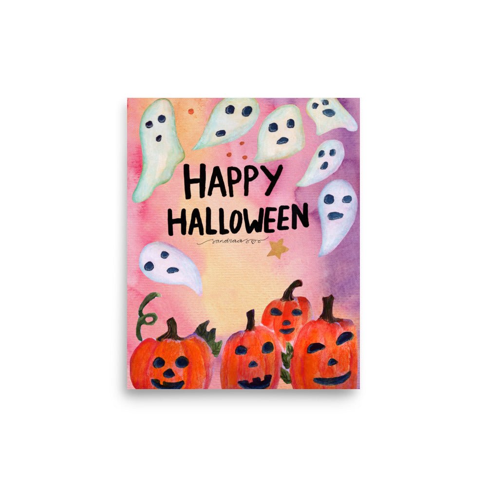 "Happy Halloween Poster 🎃👻 | Watercolor Pumpkins & Ghosts Illustration – Spooky Cute Wall Art" - SANDRAAS