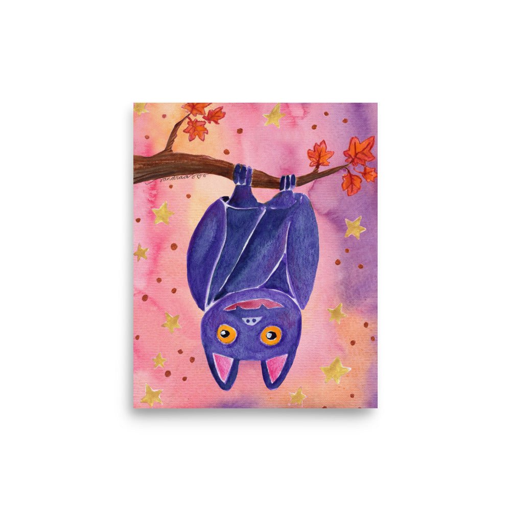 Whimsical Bat Poster 🦇🌙 | Cute Watercolor Illustration Hanging from Tree Branch – Spooky Cute Wall Art - SANDRAAS