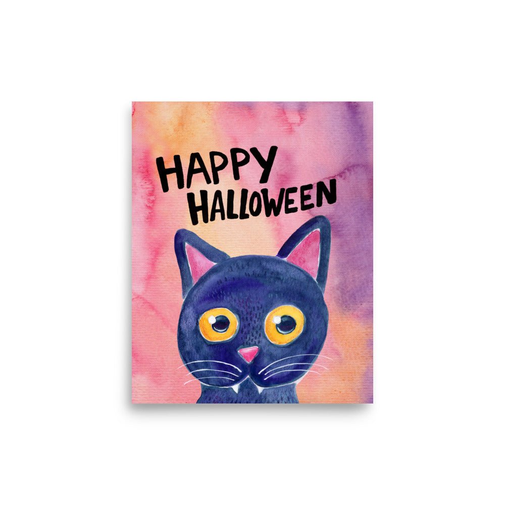 Whimsical Black Cat Poster 🐈‍⬛✨ | Cute Watercolor Illustration – Happy Halloween | Cozy Spooky Wall Art - SANDRAAS