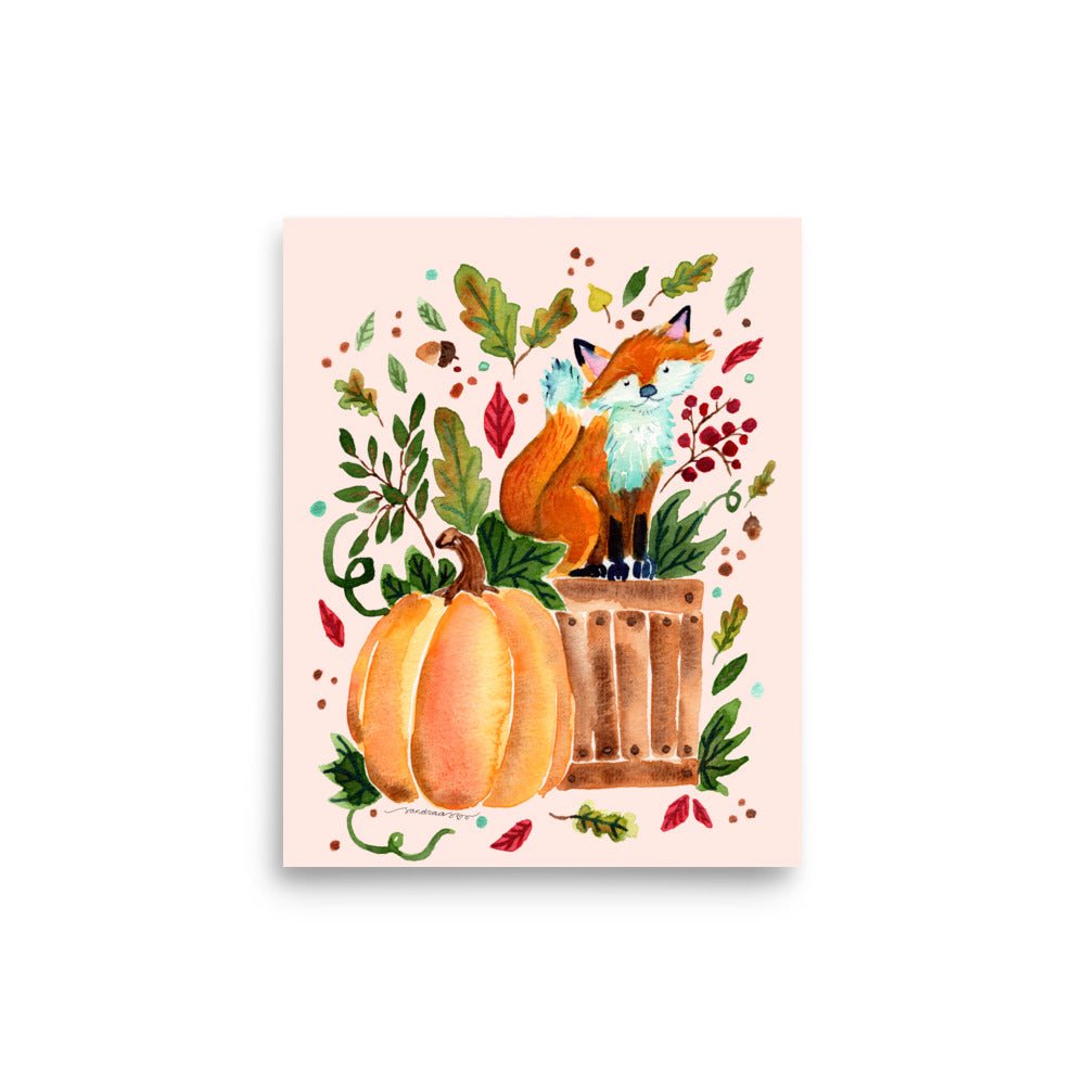 Cozy Autumn Fox Watercolor Poster • Pumpkin & Fall Leaves Wall Art • Woodland Animal Illustration Print - SANDRAAS