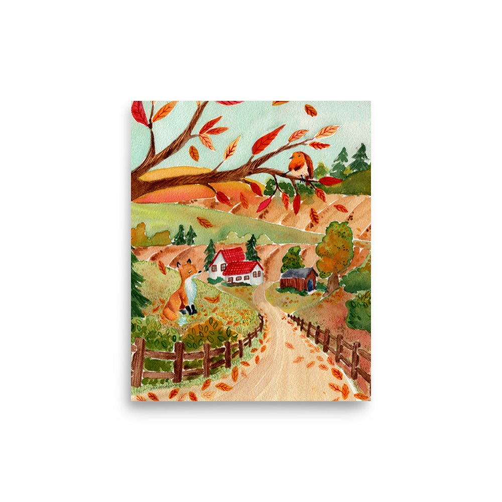 Cozy Autumn Landscape Watercolor Poster • Fox, Barn & Falling Leaves Fall Wall Art • Rustic Countryside Illustration Print - SANDRAAS
