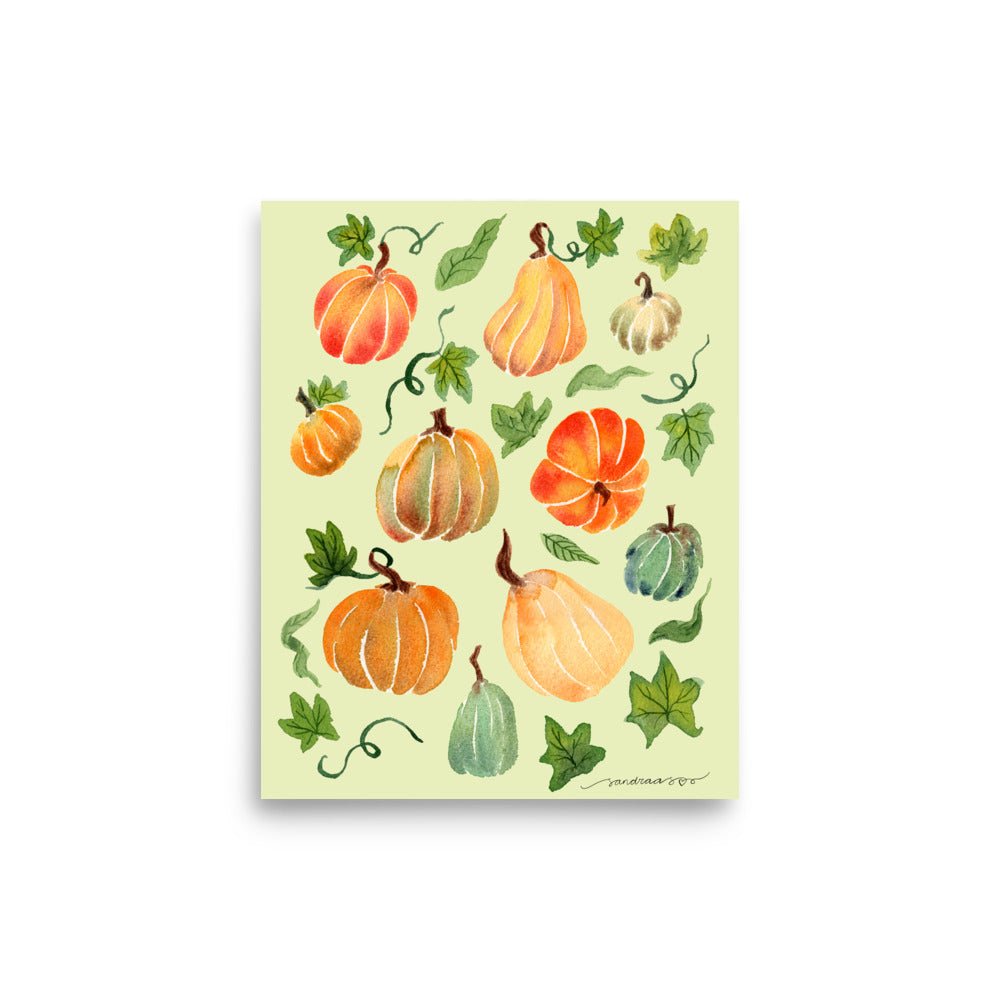Watercolor Pumpkin Poster • Cozy Autumn Fall Wall Art • Orange Pumpkins on Light Green Background Illustration Print - SANDRAAS