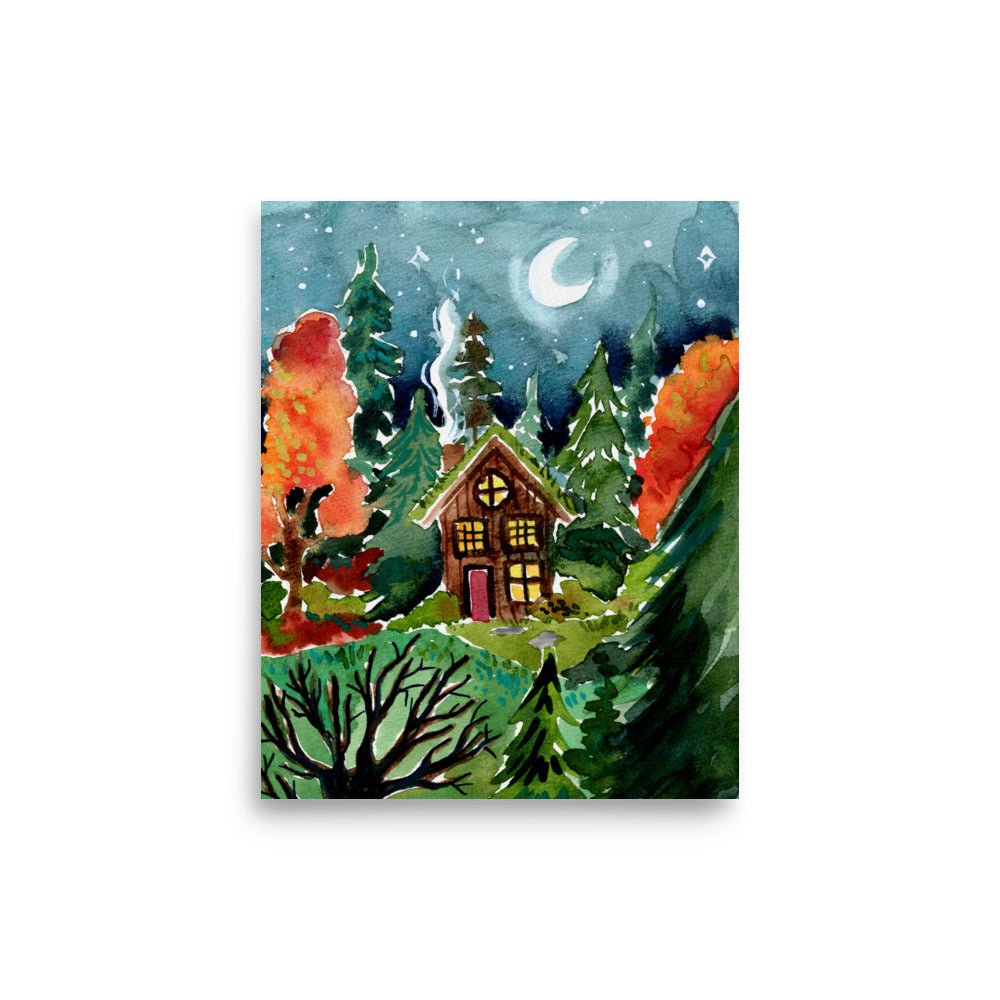 Cozy Autumn Night Forest Poster • Watercolor Cabin in the Woods Wall Art • Moonlit Nature Scene Illustration Print - SANDRAAS
