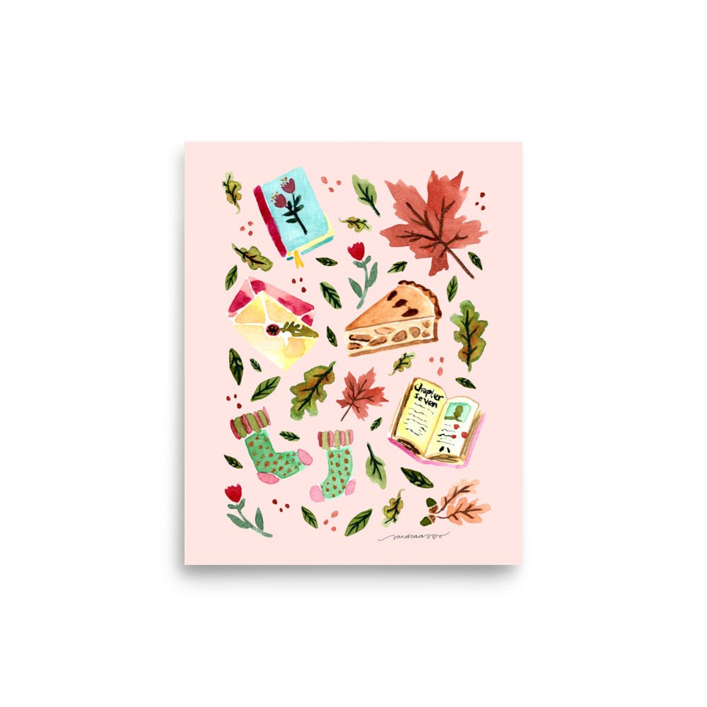 Cozy Autumn Comforts Poster • Watercolor Books, Apple Pie, Socks & Fall Leaves Wall Art • Seasonal Hygge Illustration Print - SANDRAAS