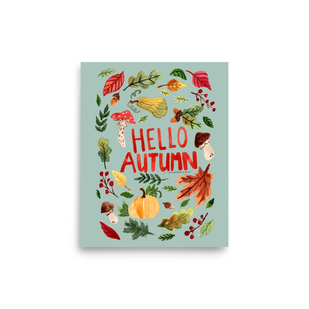 Hello Autumn Poster • Watercolor Pumpkin, Toadstool & Fall Leaves Wall Art • Seasonal Cozy Green Background Illustration Print - SANDRAAS