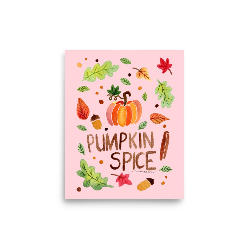 Pumpkin Spice Poster • Watercolor Pumpkin, Cinnamon & Autumn Leaves Wall Art • Cozy Fall Illustration on Pink Background - SANDRAAS