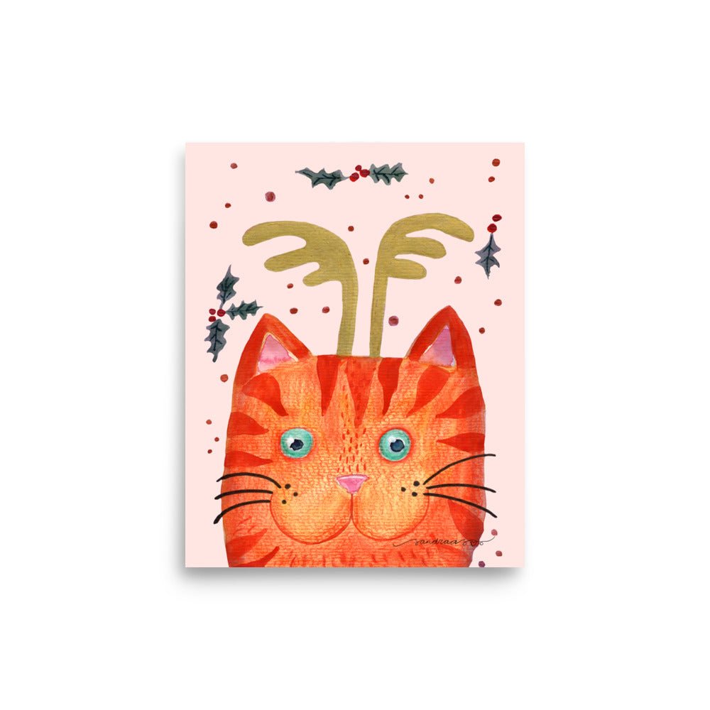 🎄 Orange Christmas Cat Poster – Whimsical Watercolor Cat with Antlers & Holly 😺✨ Light Pink Background | Museum - Quality Matte Print - SANDRAAS