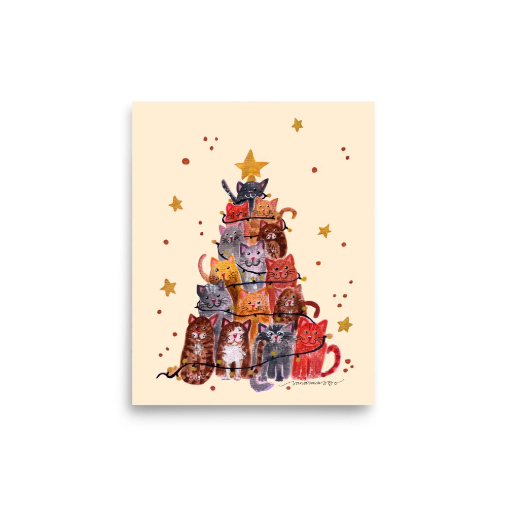 🎄 Whimsical Cat Christmas Tree Poster – Watercolor Cats Stacked as a Tree with Festive Lights 😺✨ Cream Background | Museum - Quality Matte Print - SANDRAAS