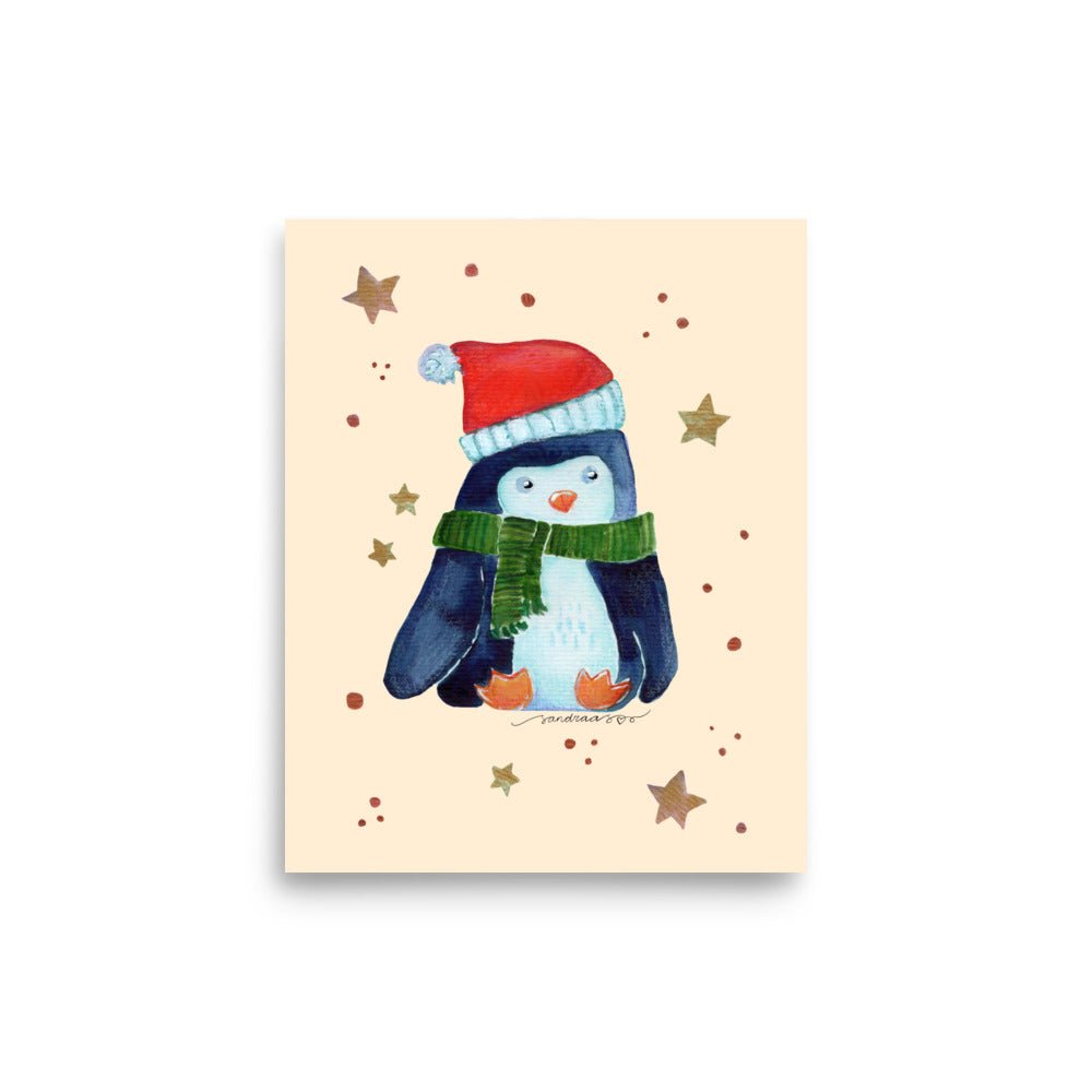🎄 Whimsical Christmas Penguin Poster – Watercolor Penguin in Green Scarf & Santa Hat 🐧✨ Cream Background | Museum - Quality Matte Print - SANDRAAS