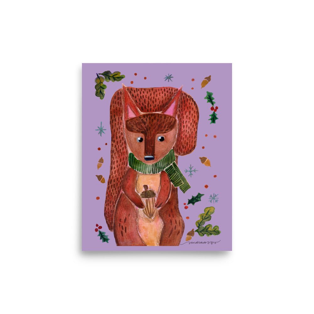 💜 Whimsical Squirrel Poster – Watercolor Squirrel in Green Scarf 🐿️🧣✨ Purple Background | Museum - Quality Matte Print - SANDRAAS