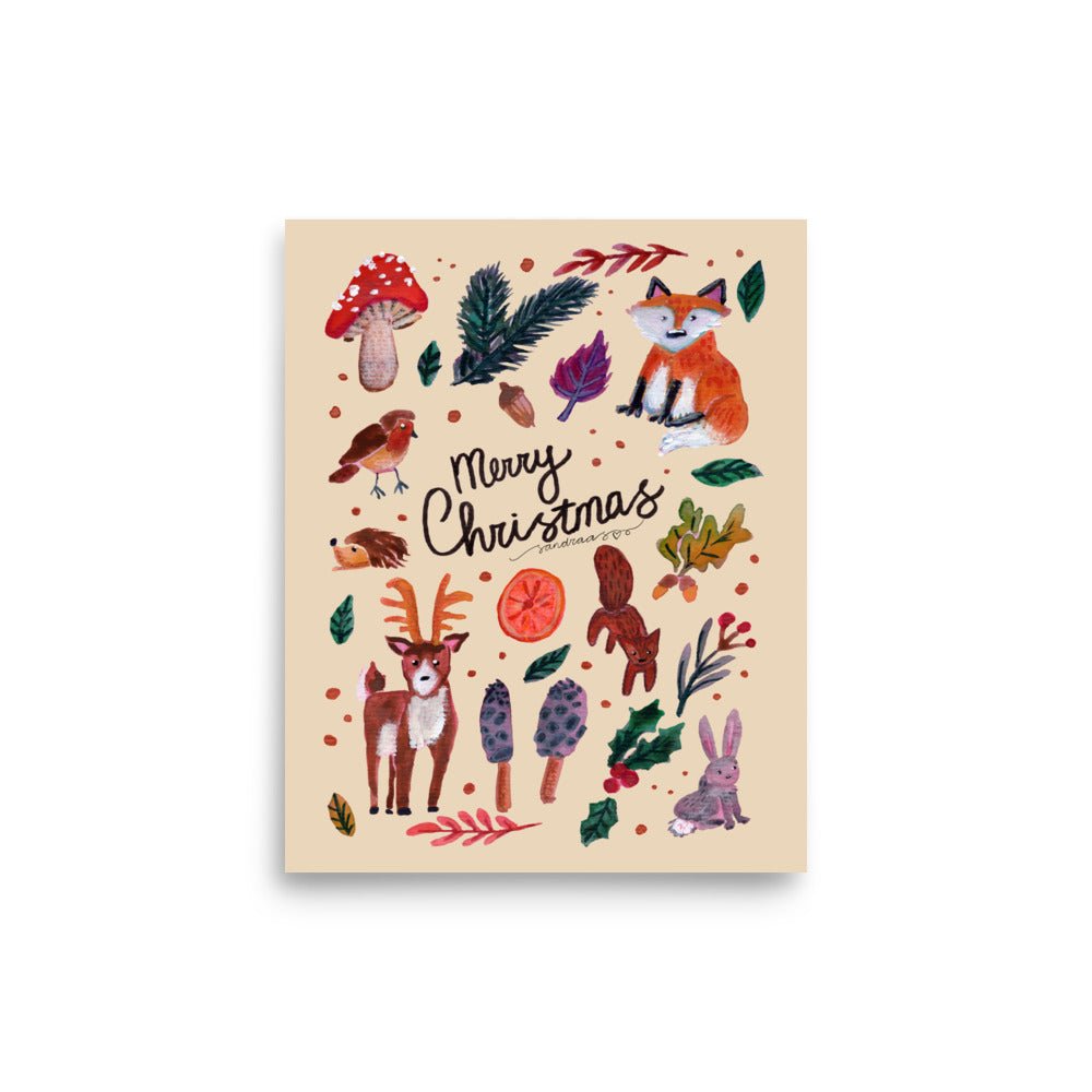 🌲 Whimsical Woodland Poster – Watercolor Forest Animals, Leaves & Mushrooms 🍄🦊✨ Cream Background | Museum - Quality Matte Print - SANDRAAS