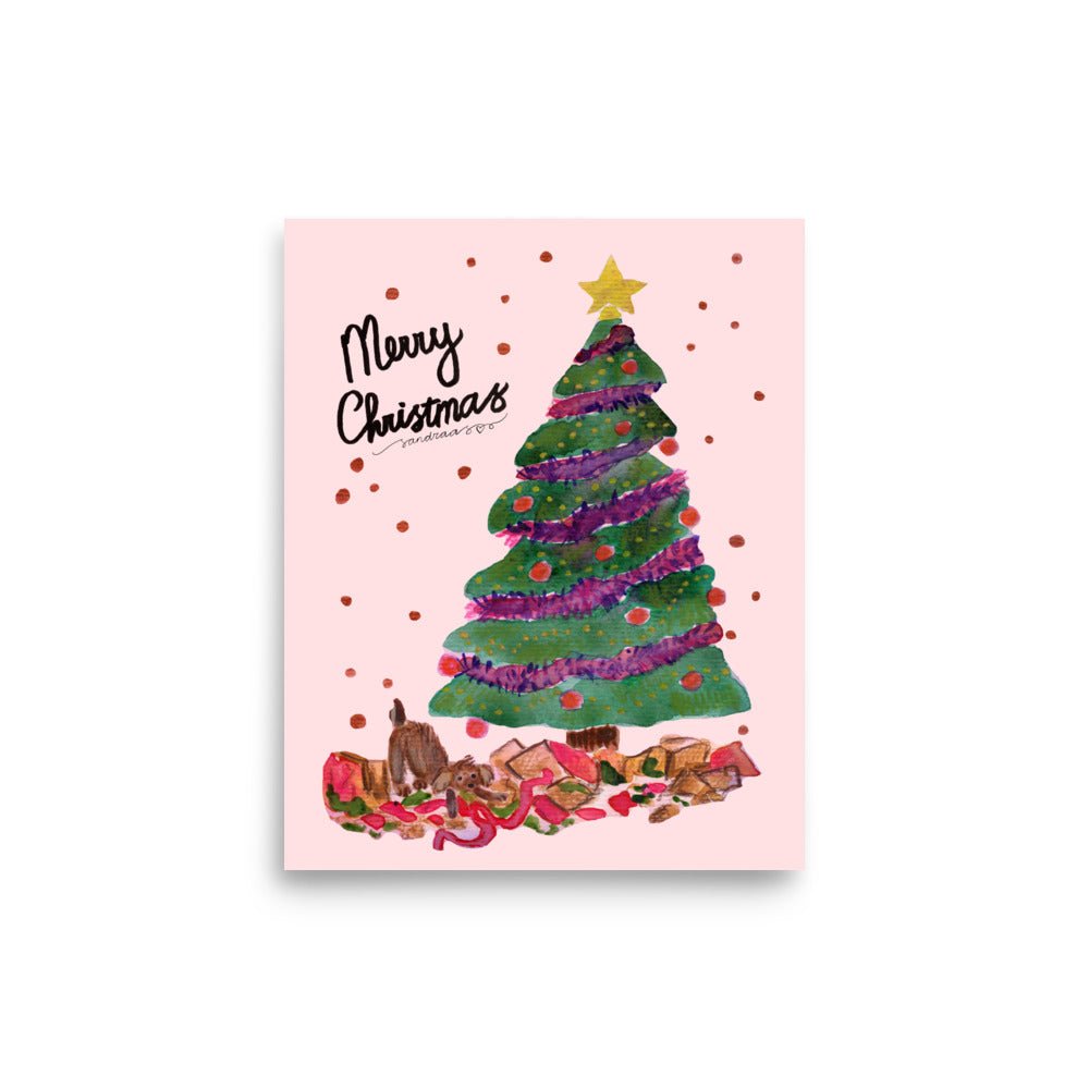 🎄 Naughty Christmas Dog Poster – Whimsical Watercolor Dog Wrecking Presents Under the Tree 🐶🎁💥✨ Pink Background | Museum - Quality Matte Print - SANDRAAS