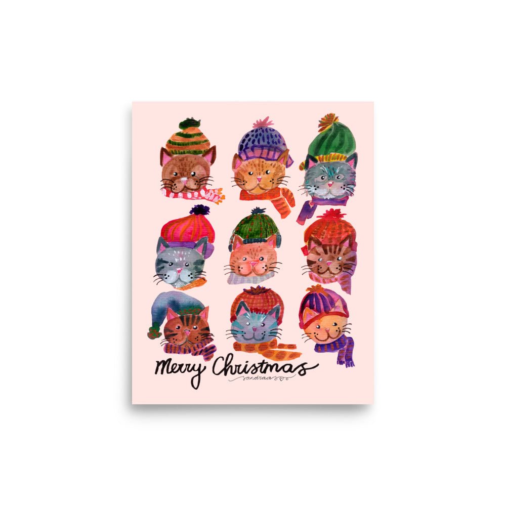 😺 Cozy Cat Heads Poster – Whimsical Watercolor Cats in Woolen Hats & Scarves 🧣✨ Light Pink Background | Museum - Quality Matte Print - SANDRAAS
