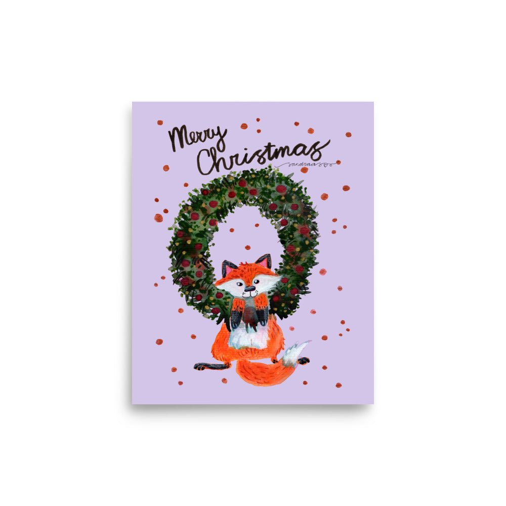 🎄 Whimsical Fox Christmas Wreath Poster – Watercolor Fox Hanging in Festive Wreath 🦊✨ Purple Background | Museum - Quality Matte Print - SANDRAAS
