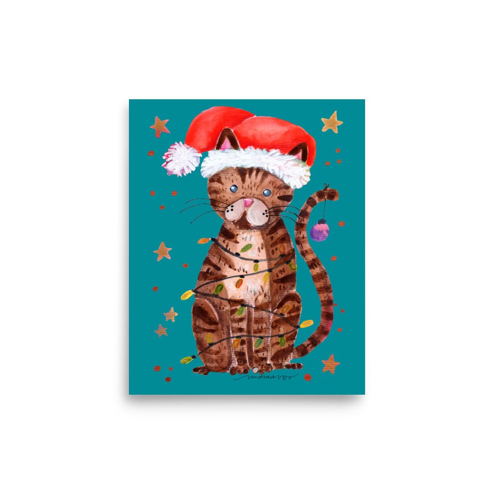 🎄 Christmas Cat Lights Poster – Whimsical Watercolor Cat in Santa Hat Wrapped in Christmas Lights 😺💡✨ Turquoise Background | Museum - Quality Matte Print - SANDRAAS
