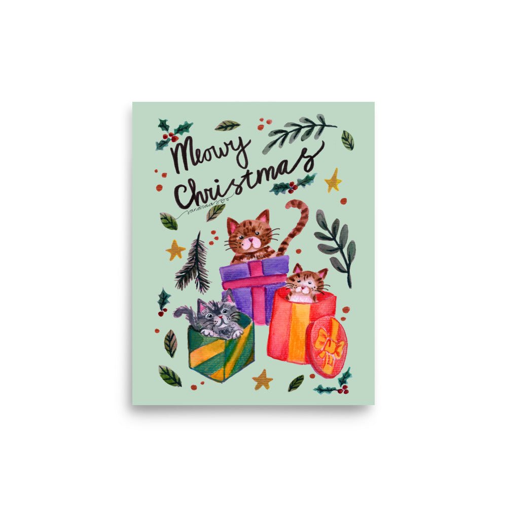 🎄 Christmas Gift Box Cats Poster – Three Whimsical Watercolor Cats Sitting in Festive Presents 😺🎁✨ Light Green Background | Museum - Quality Matte Print - SANDRAAS