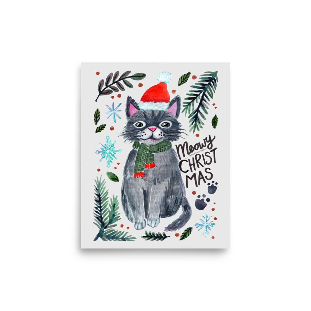 🎄 Meowy Christmas Cat Poster – Whimsical Grey Cat in Santa Hat & Green Scarf 😺🧣✨ Light Grey Background | Museum - Quality Matte Print - SANDRAAS