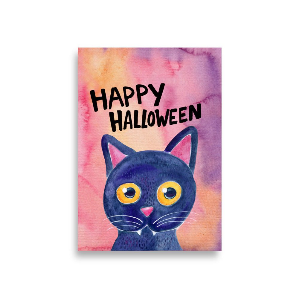 Whimsical Black Cat Poster 🐈‍⬛✨ | Cute Watercolor Illustration – Happy Halloween | Cozy Spooky Wall Art - SANDRAAS