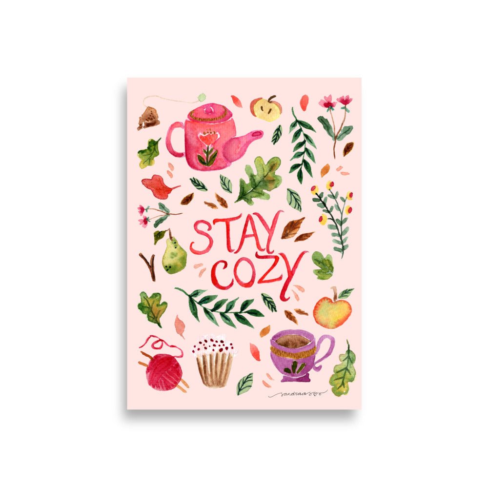Autumn Tea & Treats Poster • Watercolor Teapot, Cupcake, Fruits & Fall Leaves Wall Art • Cozy Seasonal Illustration Print - SANDRAAS