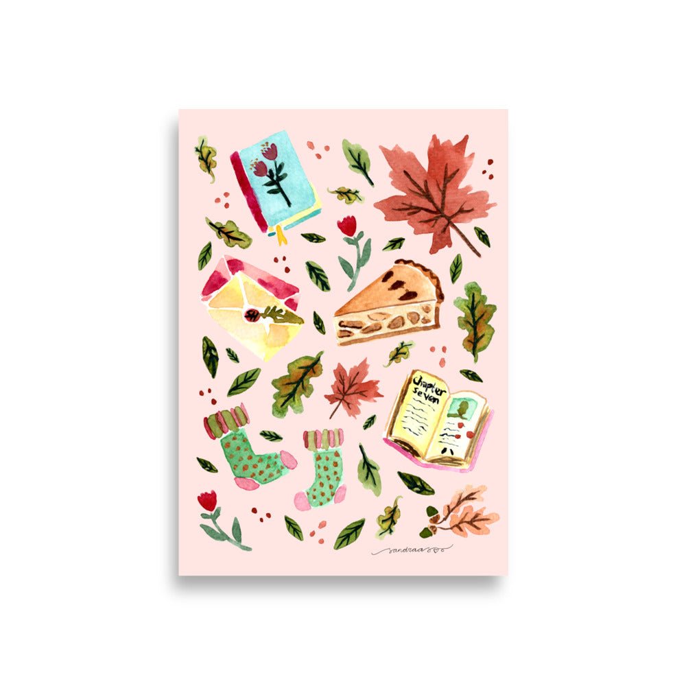 Cozy Autumn Comforts Poster • Watercolor Books, Apple Pie, Socks & Fall Leaves Wall Art • Seasonal Hygge Illustration Print - SANDRAAS