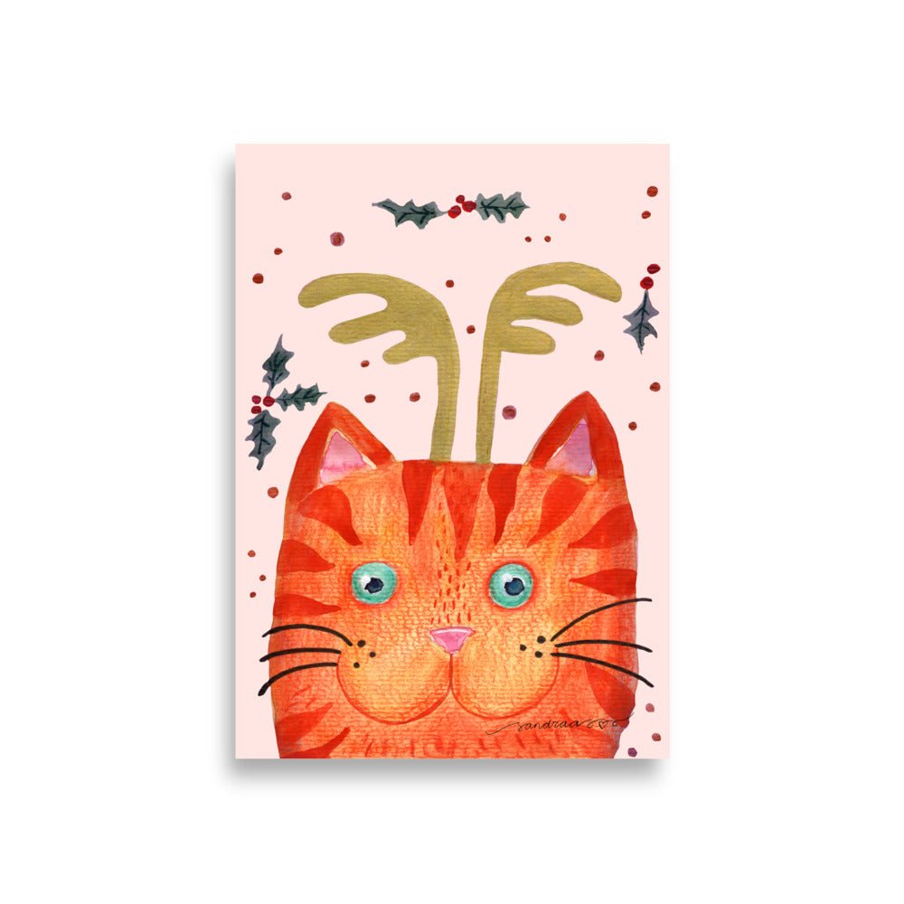 🎄 Orange Christmas Cat Poster – Whimsical Watercolor Cat with Antlers & Holly 😺✨ Light Pink Background | Museum - Quality Matte Print - SANDRAAS