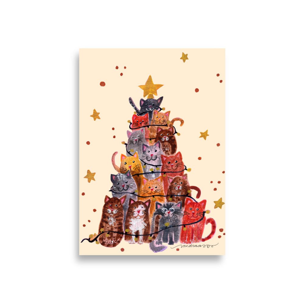 🎄 Whimsical Cat Christmas Tree Poster – Watercolor Cats Stacked as a Tree with Festive Lights 😺✨ Cream Background | Museum - Quality Matte Print - SANDRAAS