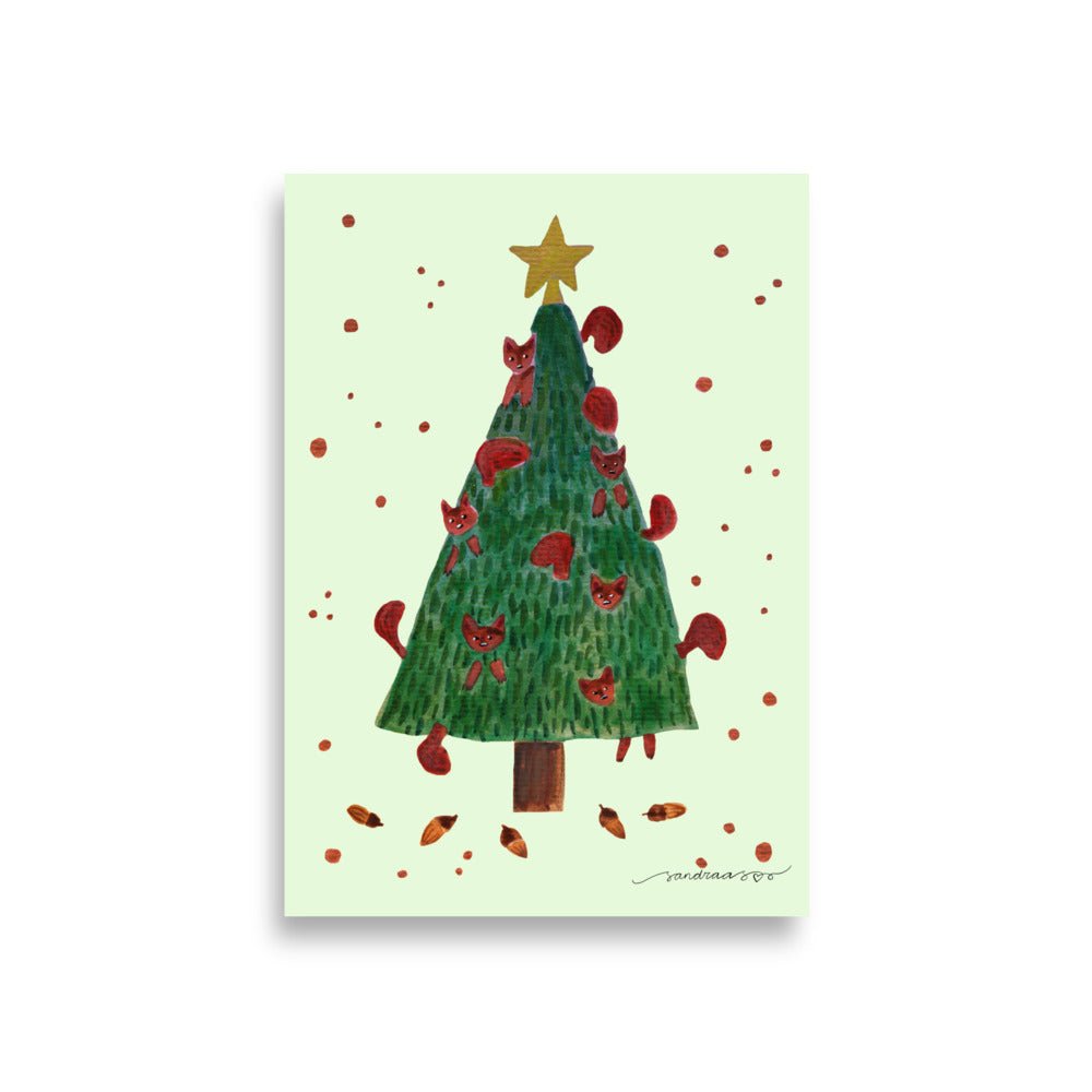 🎄 Whimsical Squirrel Christmas Tree Poster – Watercolor Squirrels in a Festive Tree 🐿️✨ Light Green Background | Museum - Quality Matte Print - SANDRAAS