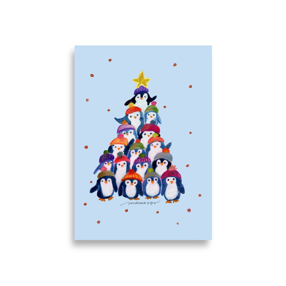 🎄 Penguin Christmas Tree Poster – Whimsical Watercolor Penguins in Hats & Scarves 🐧✨ Light Blue Background | Museum - Quality Matte Print - SANDRAAS