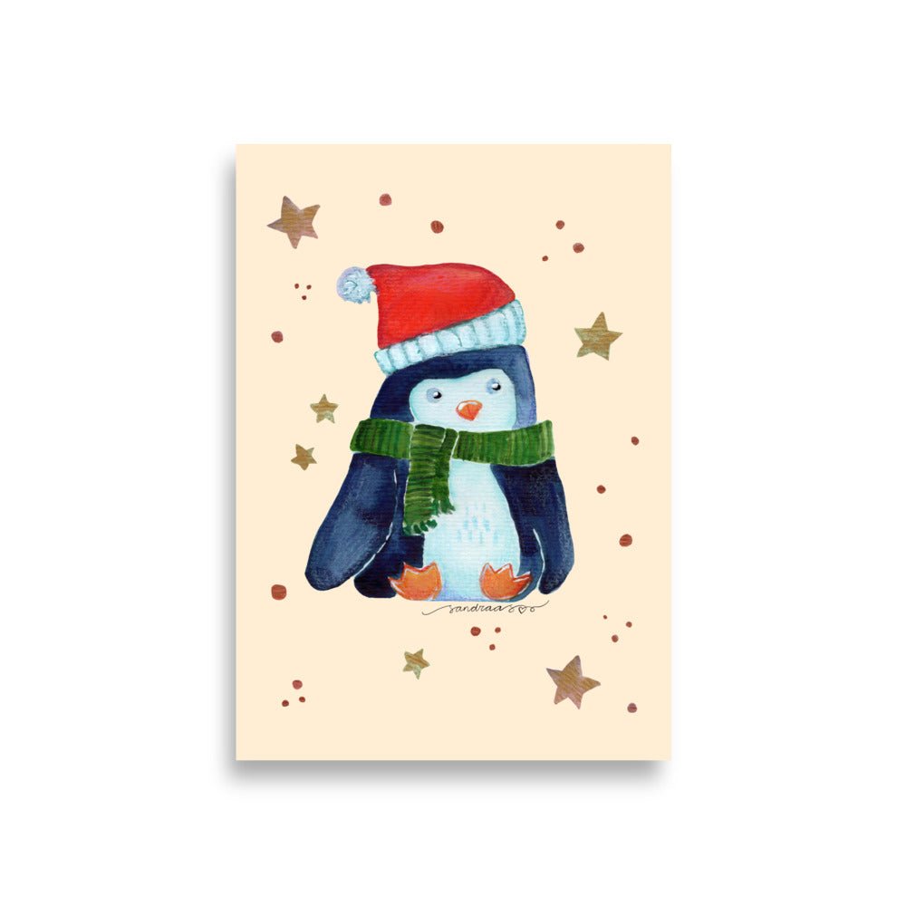 🎄 Whimsical Christmas Penguin Poster – Watercolor Penguin in Green Scarf & Santa Hat 🐧✨ Cream Background | Museum - Quality Matte Print - SANDRAAS