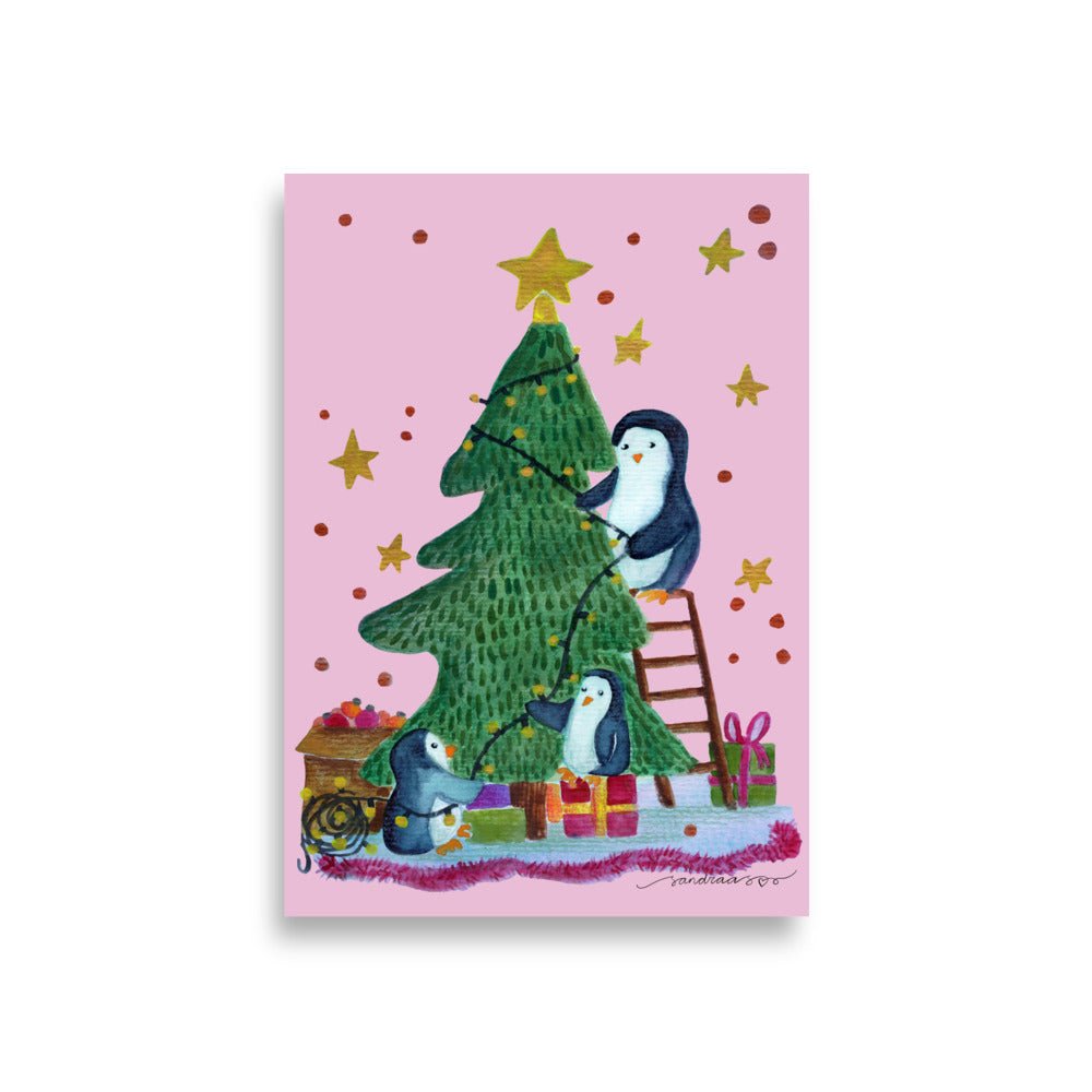 🎄 Whimsical Penguin Christmas Tree Poster – Watercolor Penguins Decorating a Tree 🐧🎄✨ Pink–Purple Background | Museum - Quality Matte Print - SANDRAAS