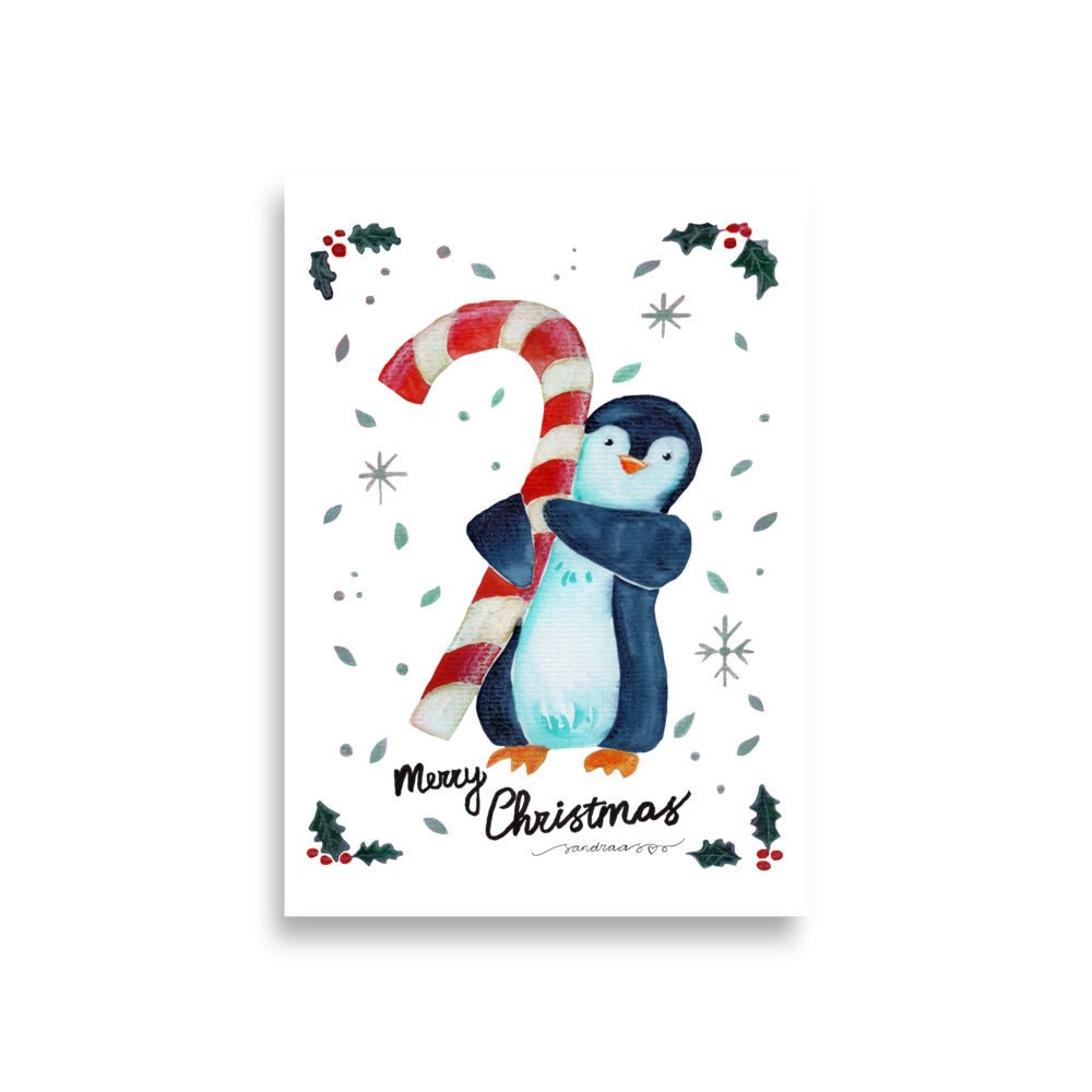 🎄 Candy Cane Penguin Poster – Whimsical Watercolor Penguin Holding a Candy Cane 🐧🍬✨ White Background | Museum - Quality Matte Print - SANDRAAS