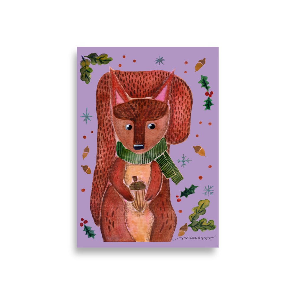 💜 Whimsical Squirrel Poster – Watercolor Squirrel in Green Scarf 🐿️🧣✨ Purple Background | Museum - Quality Matte Print - SANDRAAS