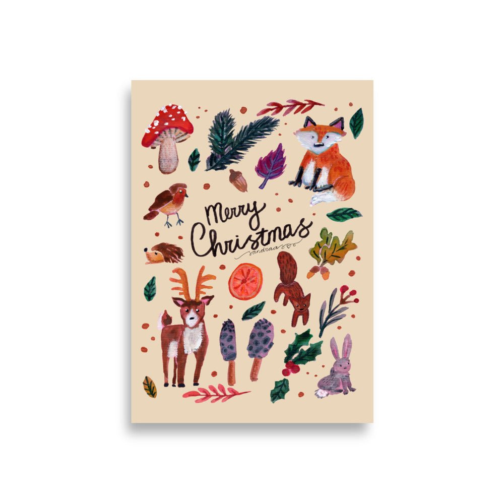 🌲 Whimsical Woodland Poster – Watercolor Forest Animals, Leaves & Mushrooms 🍄🦊✨ Cream Background | Museum - Quality Matte Print - SANDRAAS