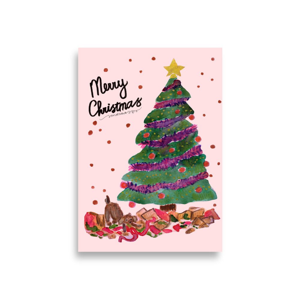 🎄 Naughty Christmas Dog Poster – Whimsical Watercolor Dog Wrecking Presents Under the Tree 🐶🎁💥✨ Pink Background | Museum - Quality Matte Print - SANDRAAS