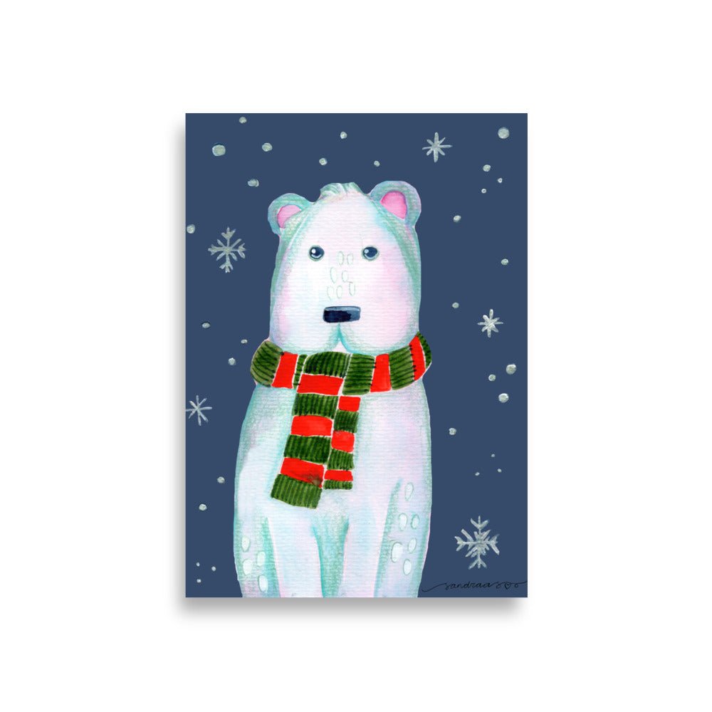 ❄️ Whimsical Polar Bear Poster – Watercolor Arctic Bear on Dark Blue Background 🐻‍❄️✨ Museum - Quality Matte Print - SANDRAAS