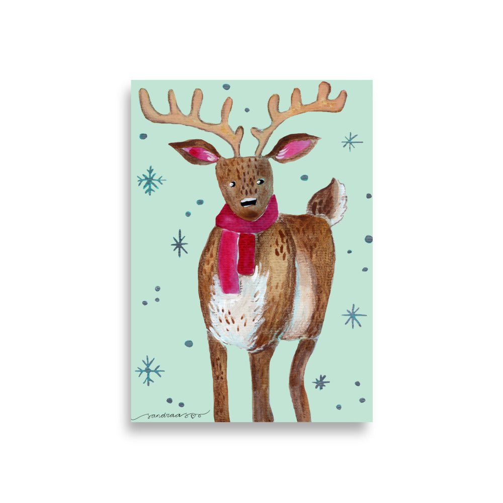 🦌 Whimsical Deer Poster – Watercolor Forest Deer on Turquoise Background 💙✨ Museum - Quality Matte Print - SANDRAAS