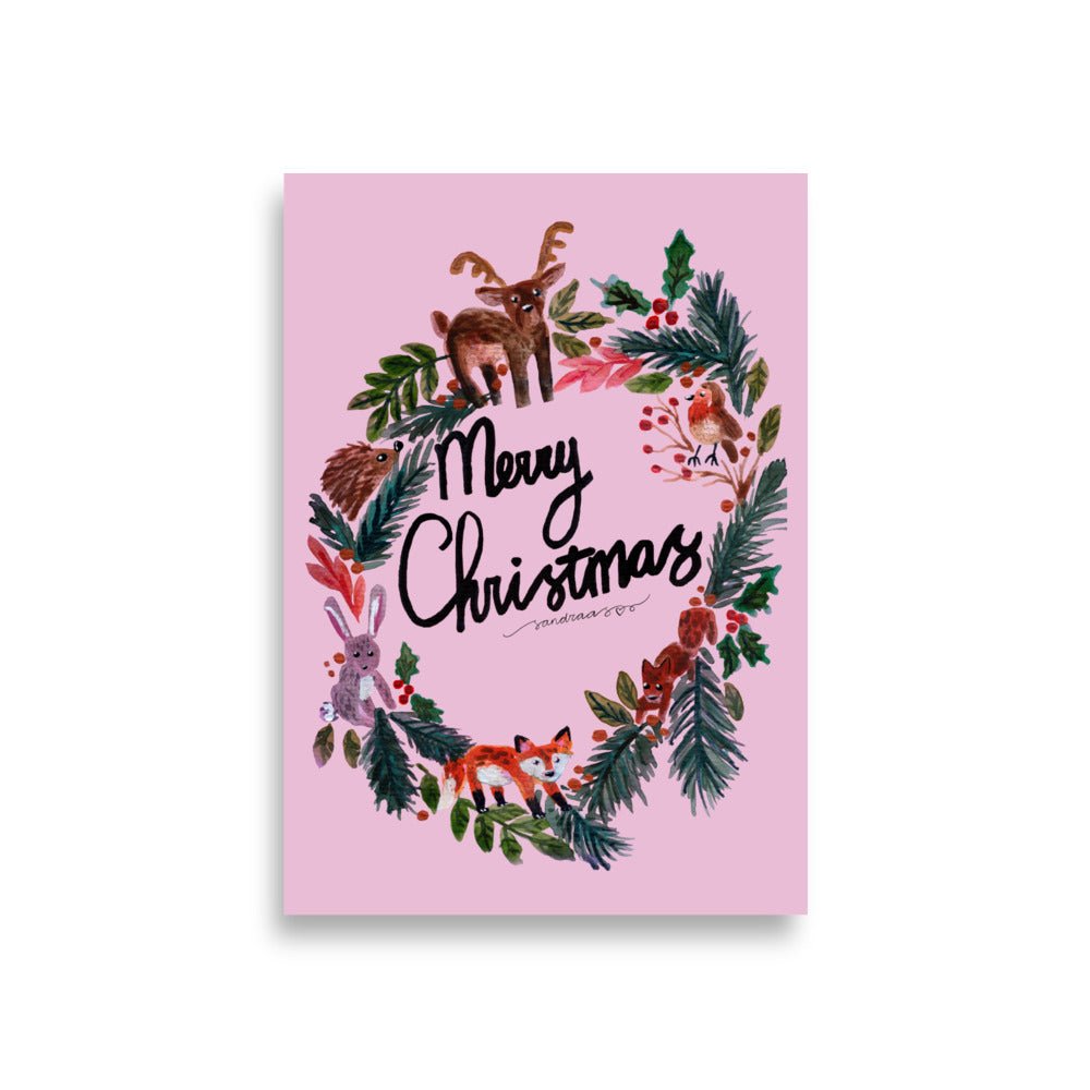 🎄 Woodland Christmas Wreath Poster – Whimsical Watercolor Animals in Festive Wreath 🦊🐿️✨ Pink Background | Museum - Quality Matte Print - SANDRAAS