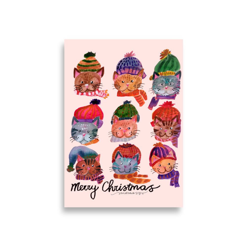 😺 Cozy Cat Heads Poster – Whimsical Watercolor Cats in Woolen Hats & Scarves 🧣✨ Light Pink Background | Museum - Quality Matte Print - SANDRAAS
