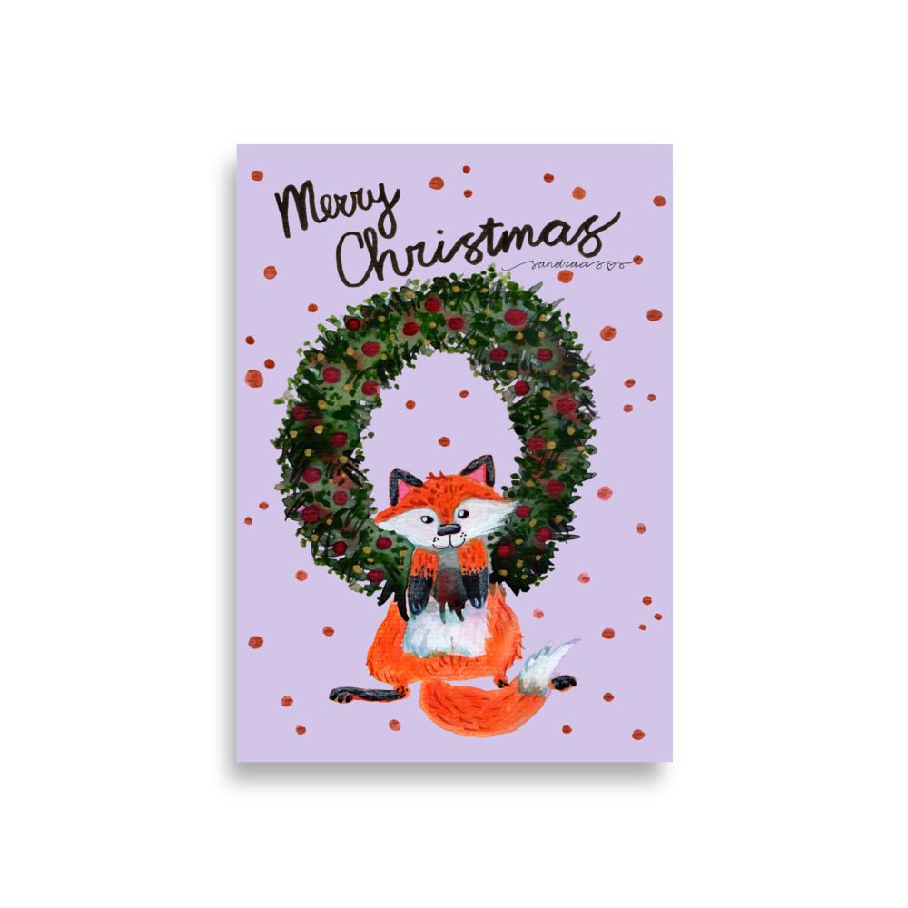🎄 Whimsical Fox Christmas Wreath Poster – Watercolor Fox Hanging in Festive Wreath 🦊✨ Purple Background | Museum - Quality Matte Print - SANDRAAS