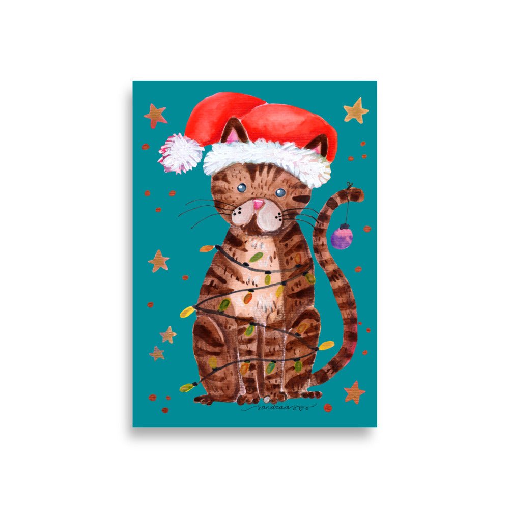 🎄 Christmas Cat Lights Poster – Whimsical Watercolor Cat in Santa Hat Wrapped in Christmas Lights 😺💡✨ Turquoise Background | Museum - Quality Matte Print - SANDRAAS