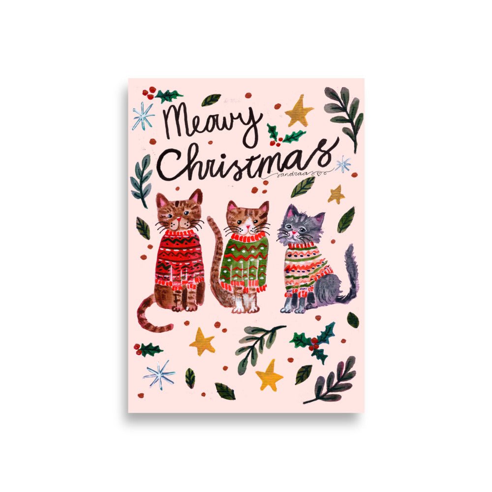 🎄 Cozy Christmas Cats Poster – Three Whimsical Cats in Knitted Holiday Sweaters 😺🧶✨ Light Pink Background | Museum - Quality Matte Print - SANDRAAS