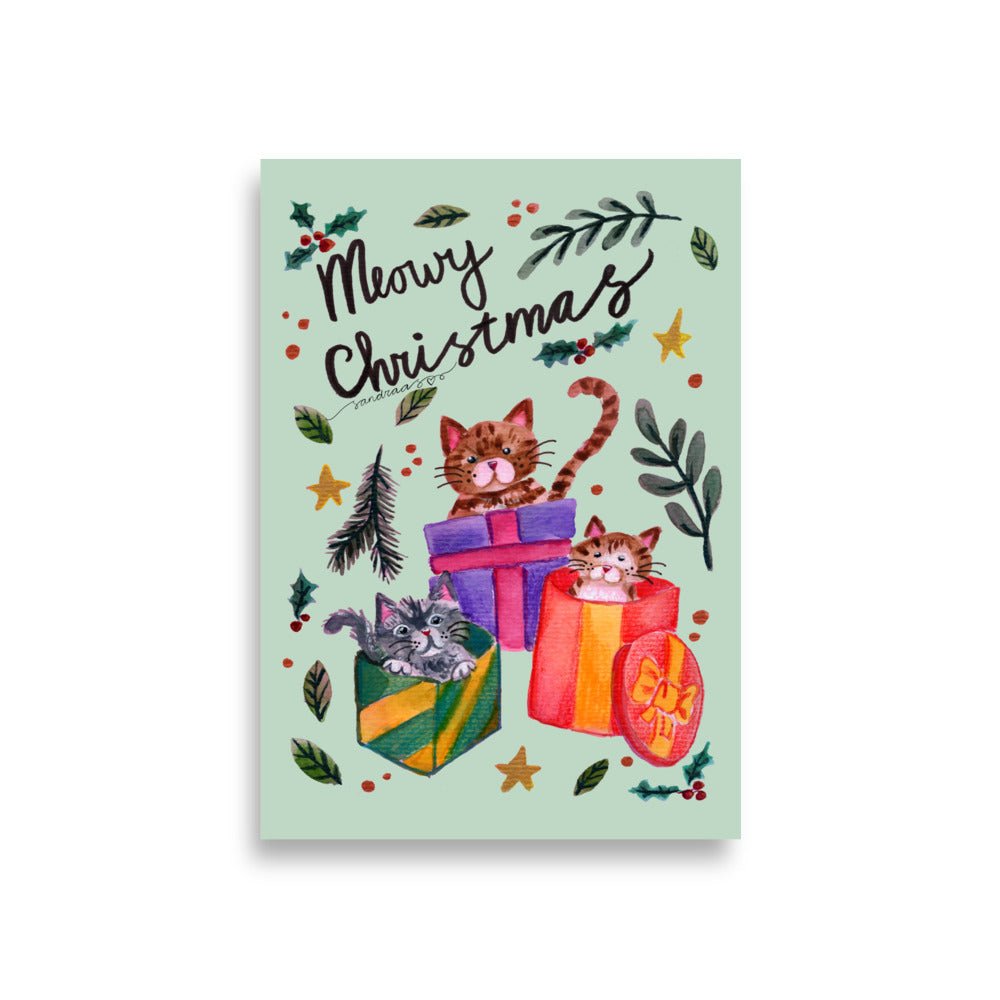 🎄 Christmas Gift Box Cats Poster – Three Whimsical Watercolor Cats Sitting in Festive Presents 😺🎁✨ Light Green Background | Museum - Quality Matte Print - SANDRAAS
